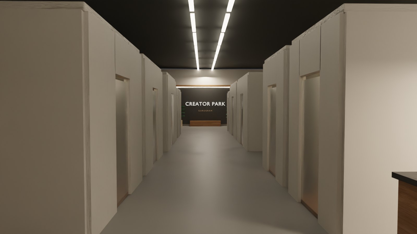 The Creator Park corridor: fifteen recording bays either side, warm light through frosted doors, the wordmark at the far end.