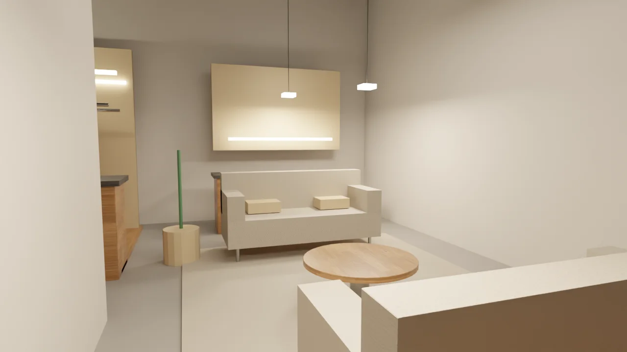 The Creator Park lounge: soft seating, a low oak table, warm pendant lights, the café counter behind.