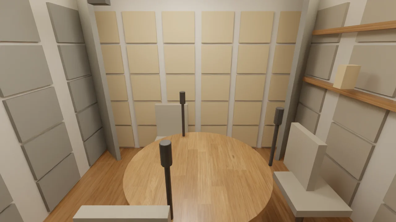 Inside a podcast pod: oak floor, acoustic panels, a round table with boom microphones, shelves on the set wall.